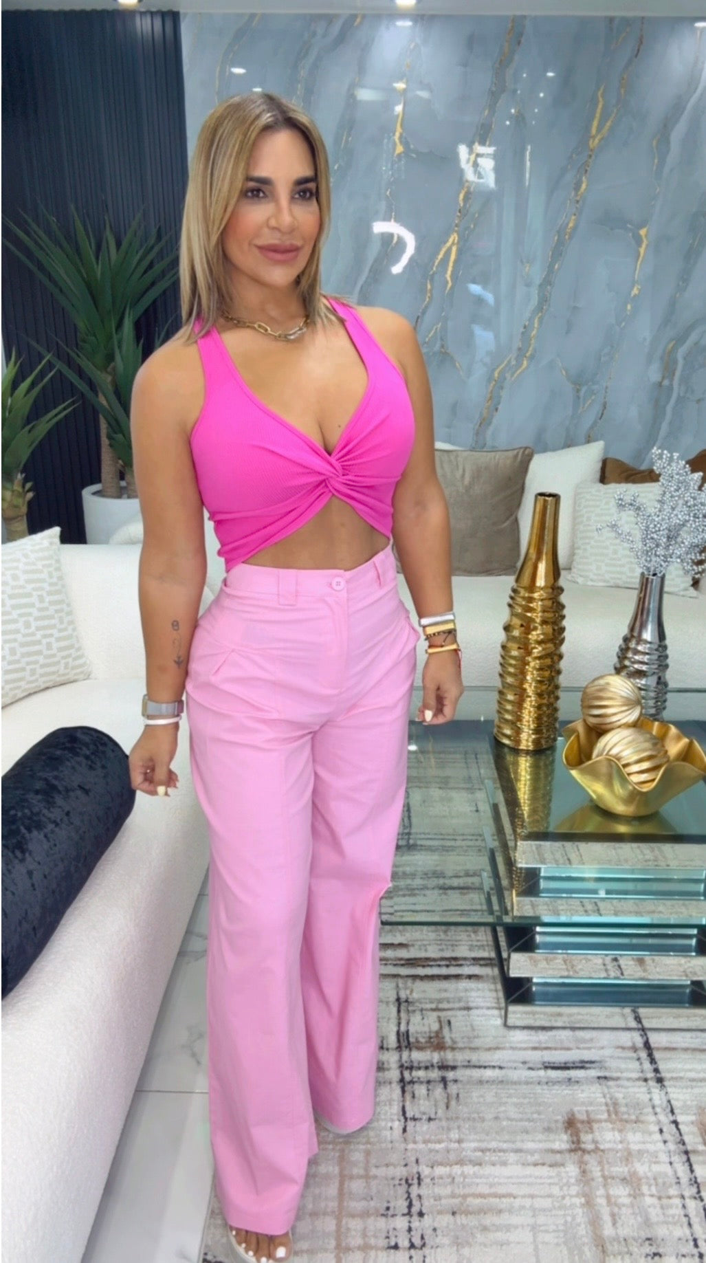 Lino Pink Palazzo Pant (entalle alto) spandex