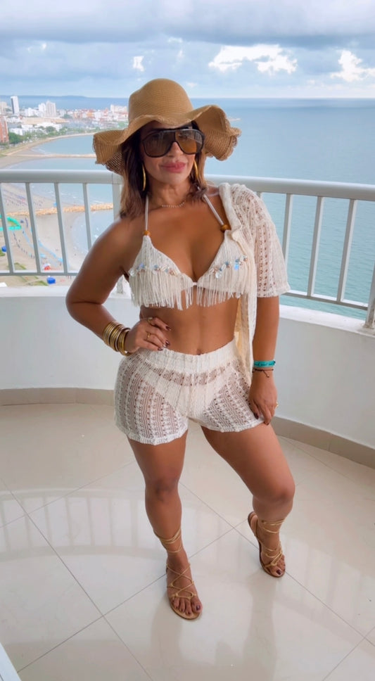 Playa Blanca 4 pieces (incluye swimsuit, pantalón y blusón en crochet. Utilicé talla M (spandex)