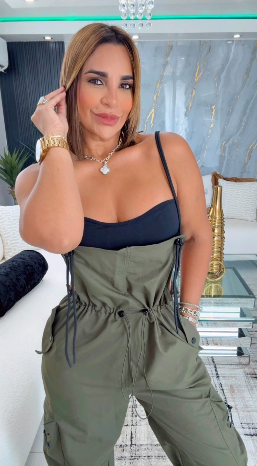 Kilimanjaro Olive Cargo Jumpsuit (spandex) utilicé talla M