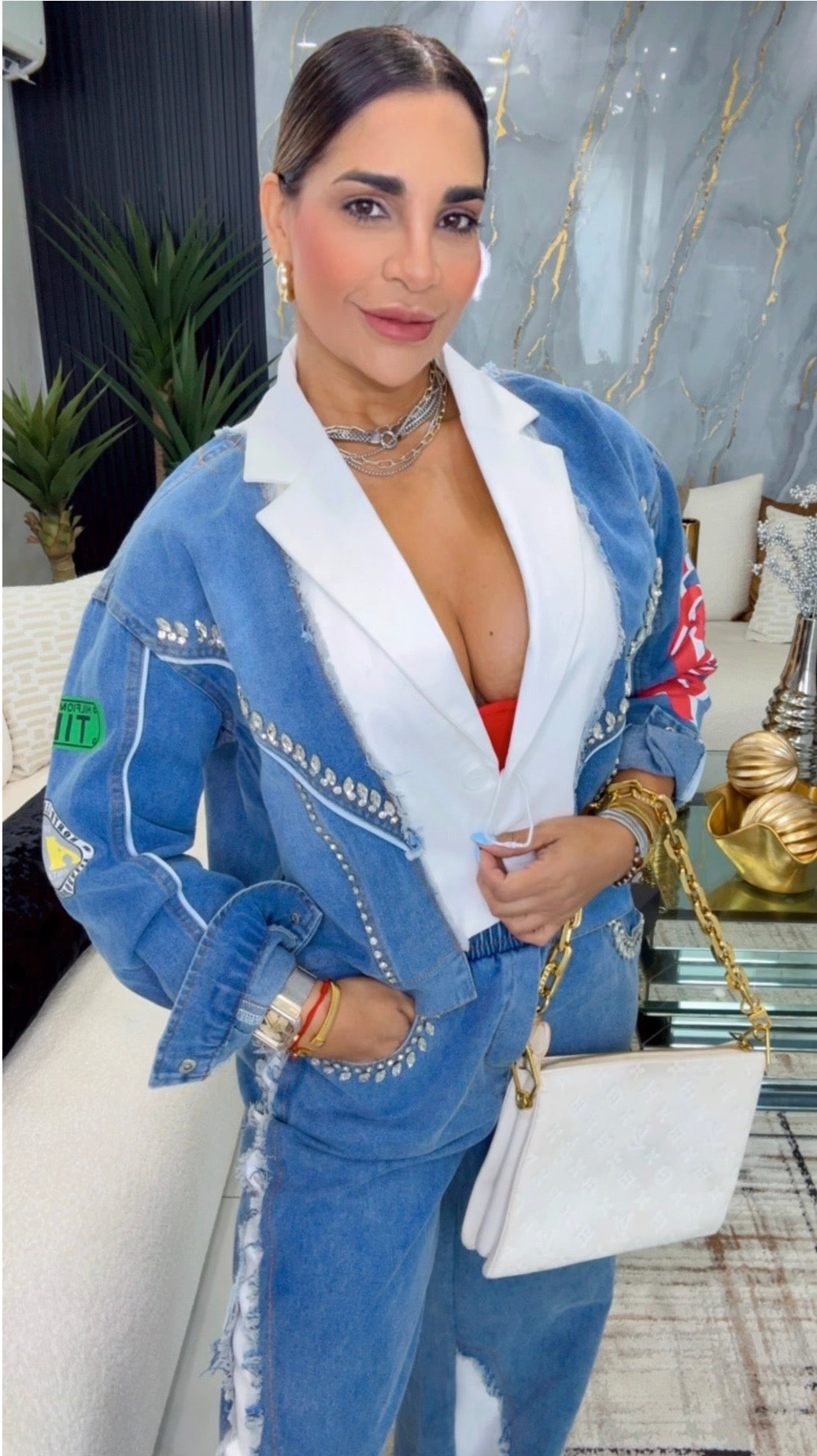 Monaco White Denim Blazer & Pant Set (spandex) utilicé talla S/M