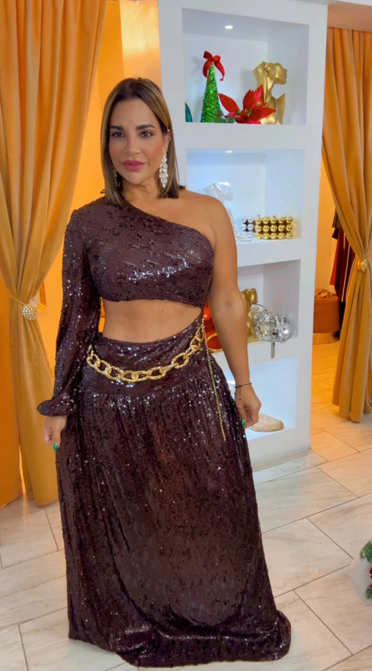 Famous Sequins Brown Dress (incluye cinturón) (utilicé talla Médium)