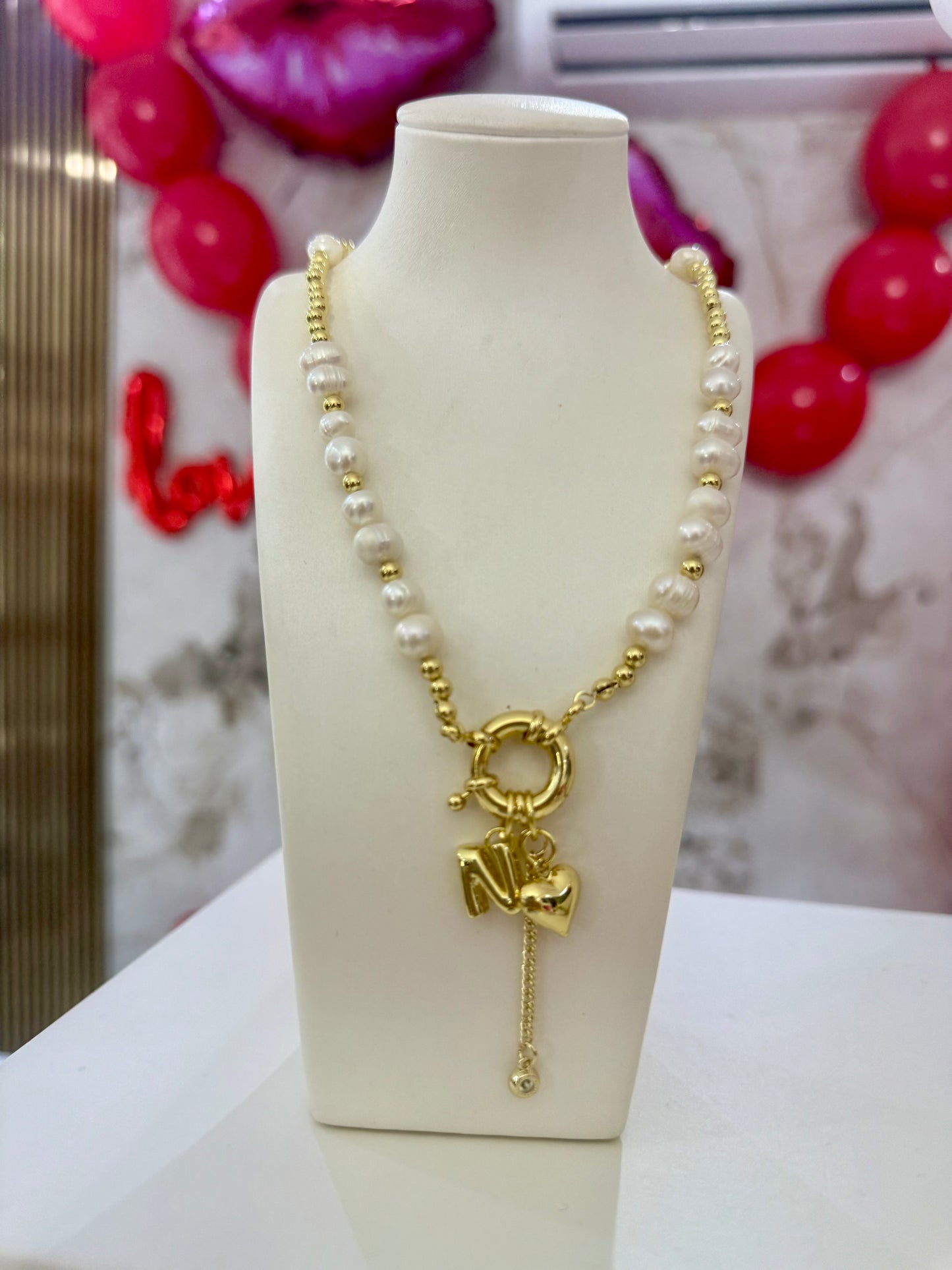 Gold Plated Pearl Necklace with Letter N (22cm)