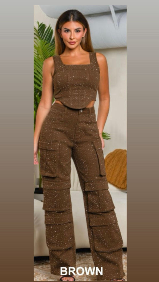 Brown Denim Shine Cargo Set (Stretch) Utilice talla M