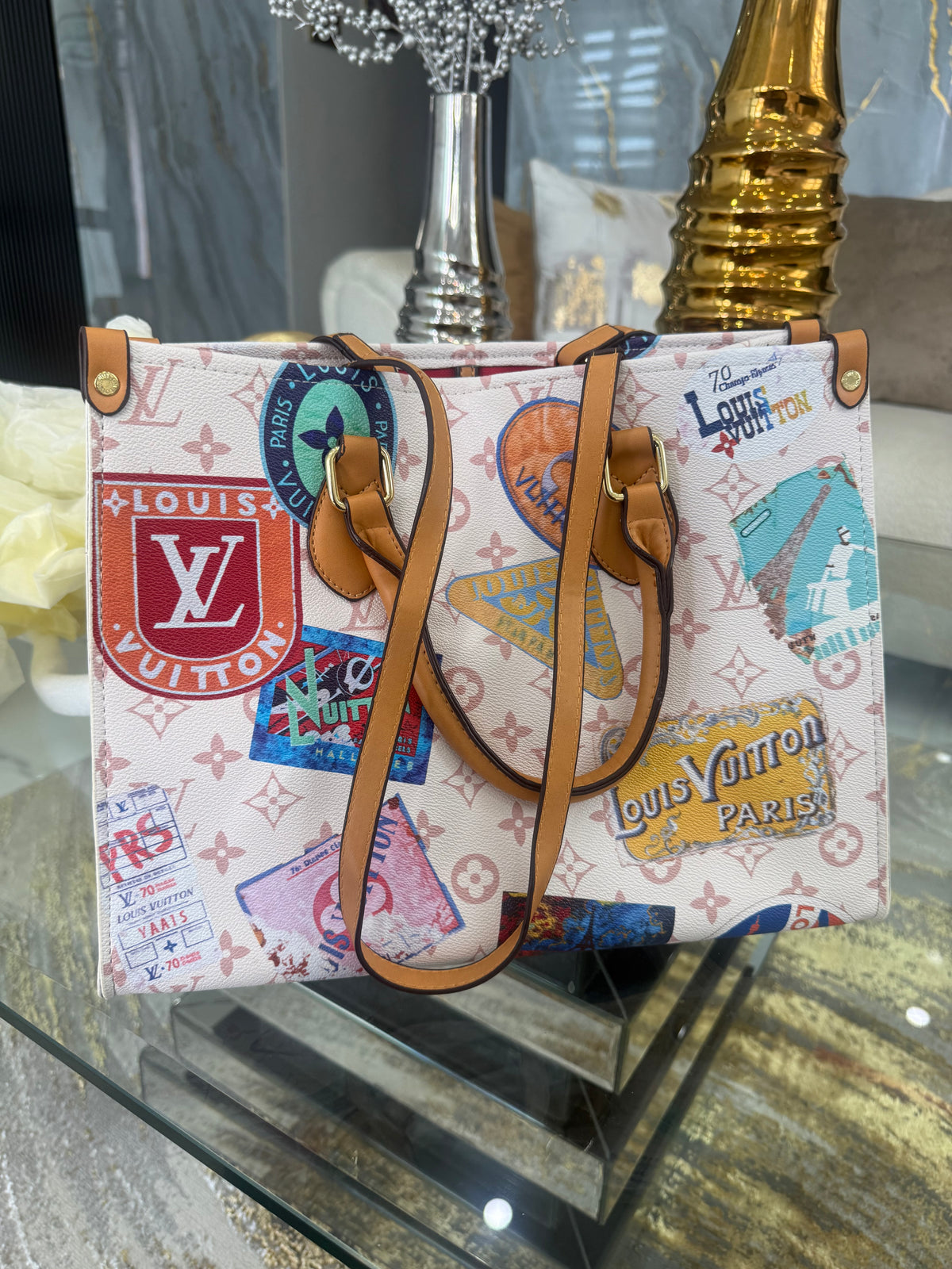 LV White New Edition Bag (tamaño grande) doble mango