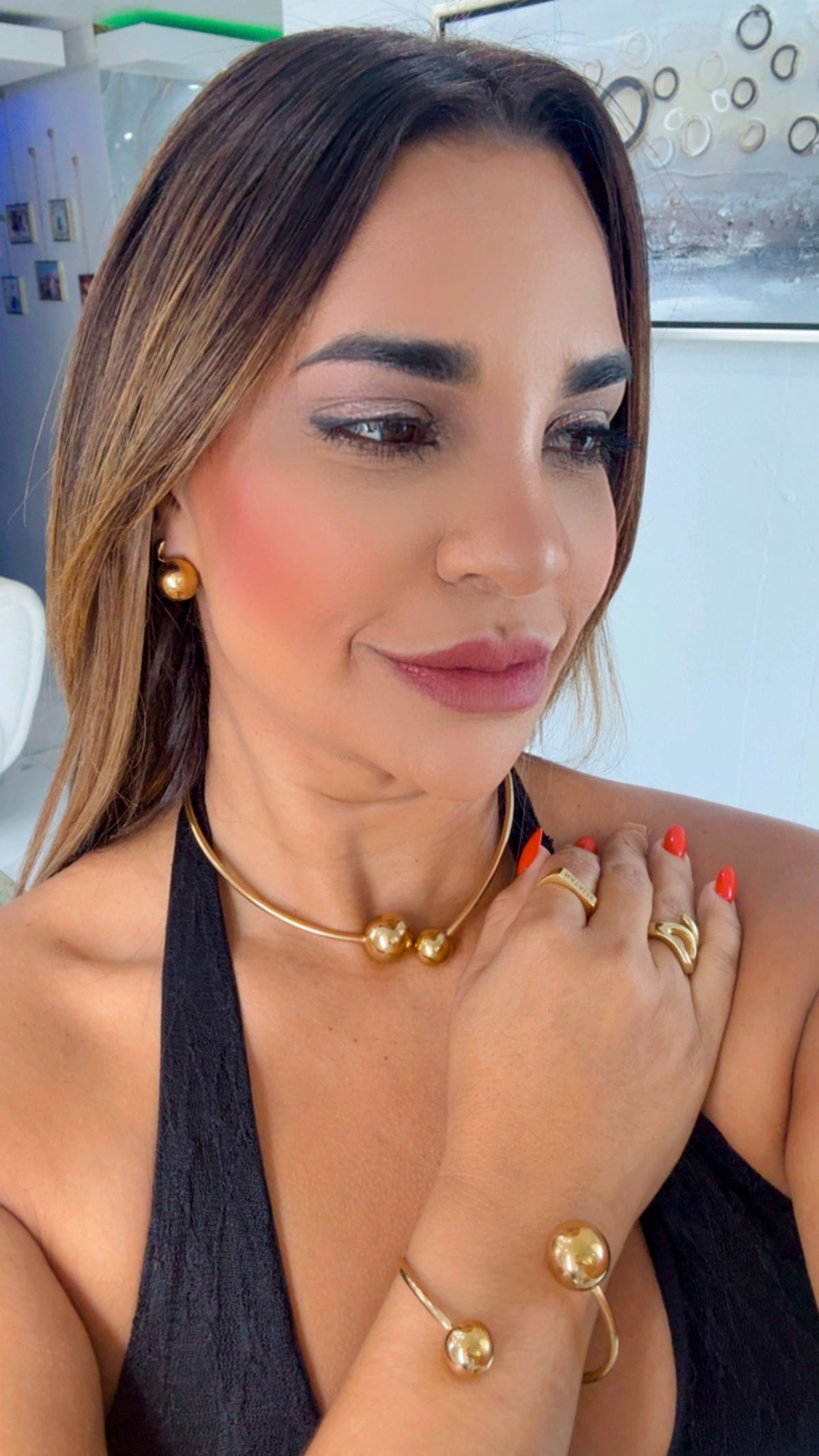 Twice Golden Ball Set (incluye aretes, collar y pulsera (oro acero inoxidable)