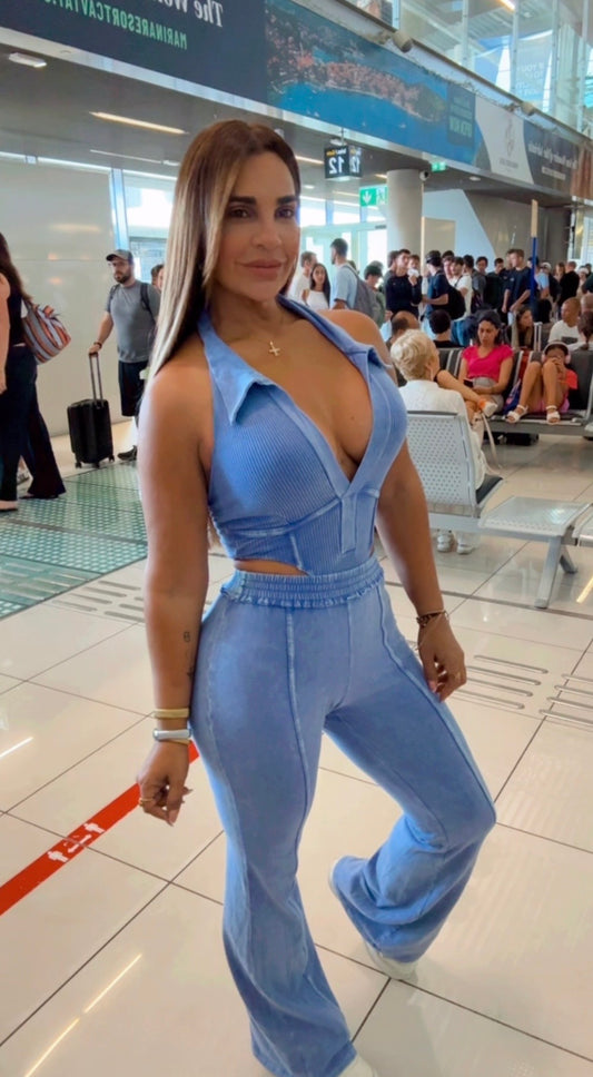Blue Mineral Wash Bodysuit Set (spandex)