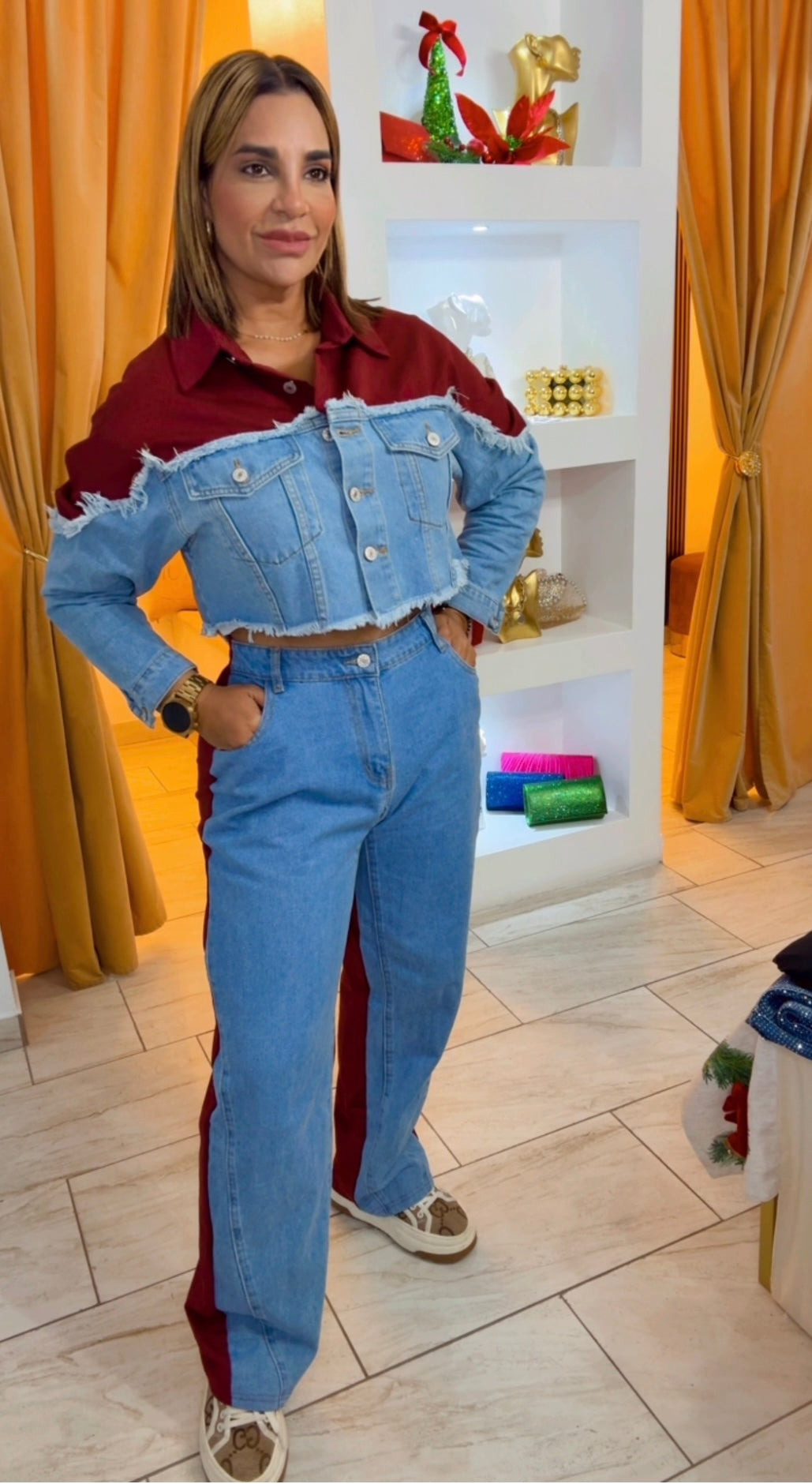 Austria Burgundy & Denim Set (spandex) utilicé talla M, puedes bajar una talla