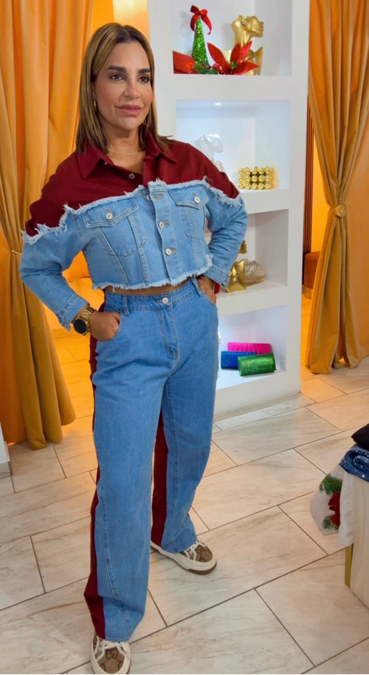 Austria Burgundy & Denim Set (spandex) utilicé talla M, puedes bajar una talla