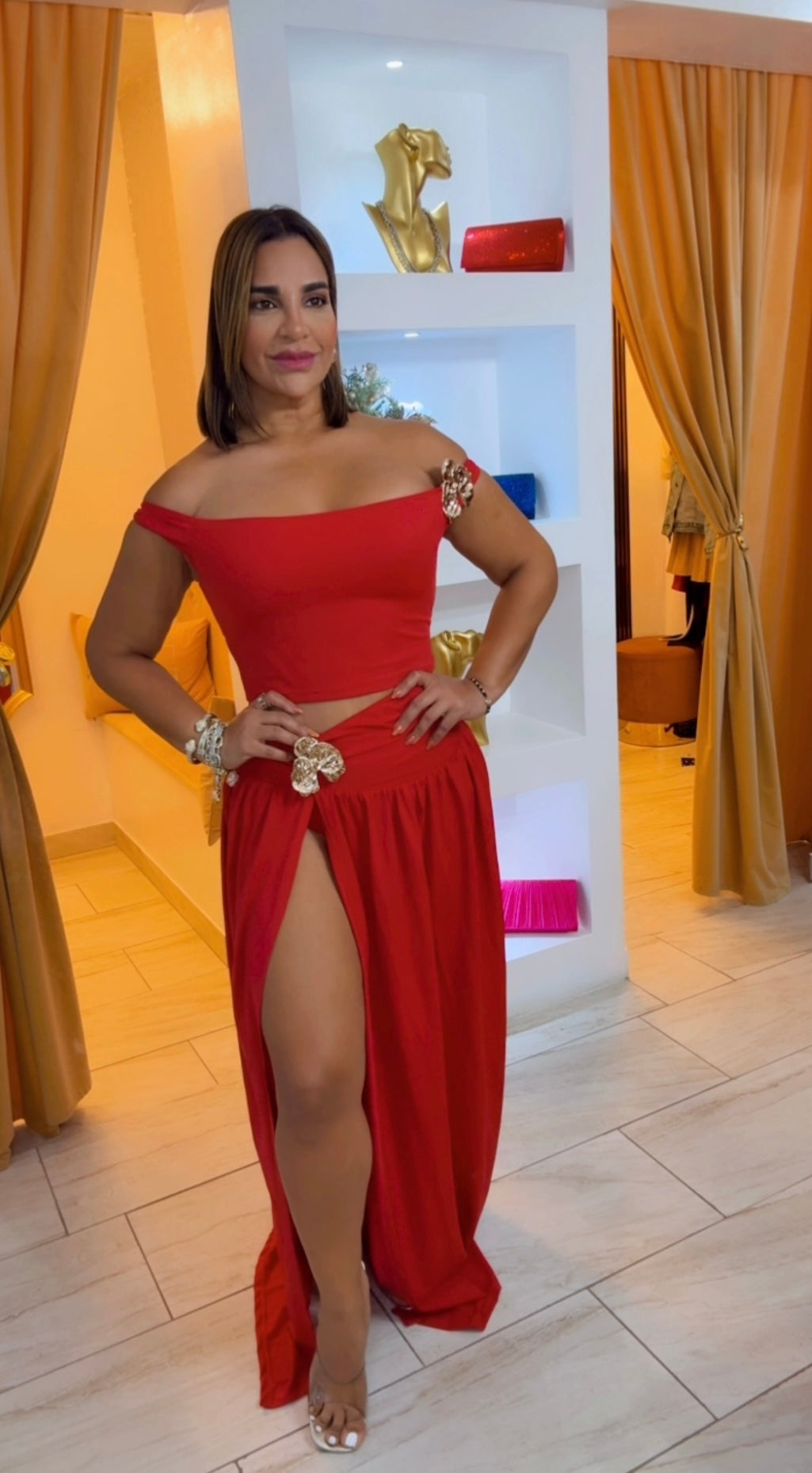 Honolulu Red Skirt Set (Trae pantie integrado) stretch