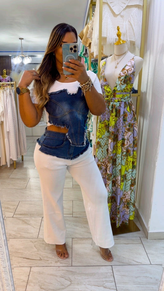 Letonia White and Denim set