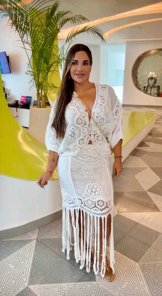 Cancún Beige Crochet Skirt Set ( es talla única) estira
