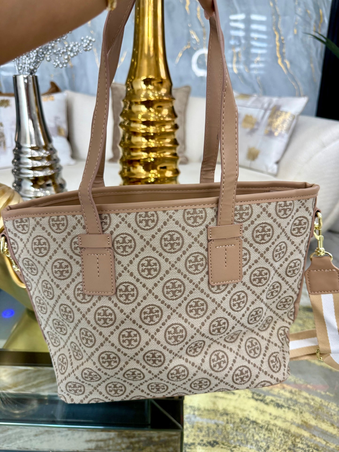 Tory Khaki Handbag (tamaño mediano) doble mango