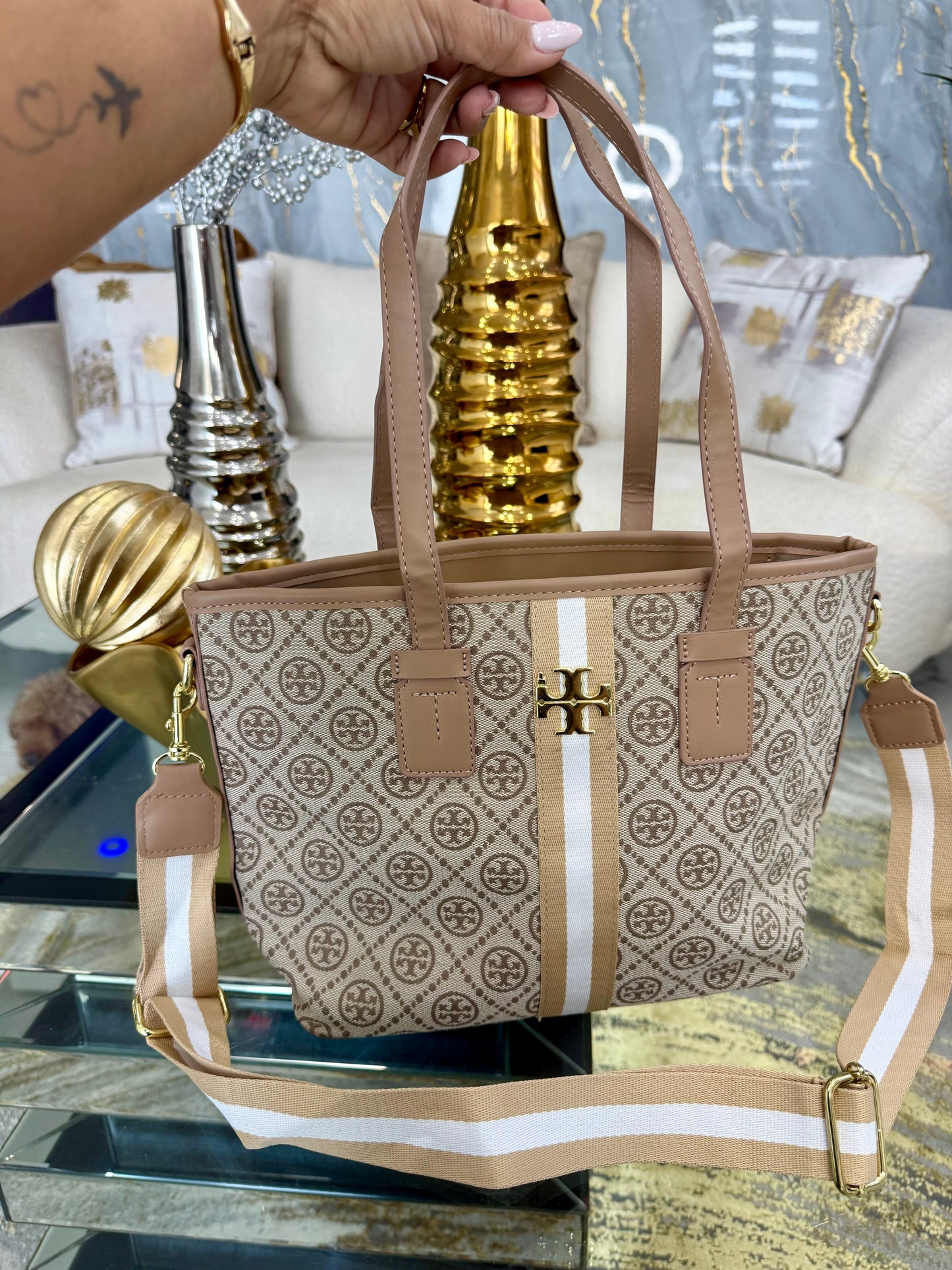 Tory Khaki Handbag (tamaño mediano) doble mango