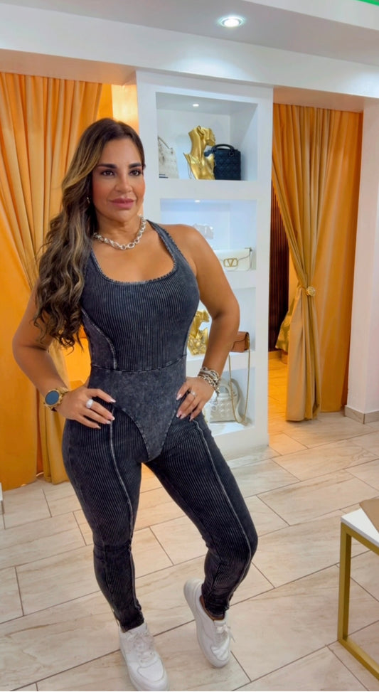 Black Mineral Wash Jumpsuit (stretch)